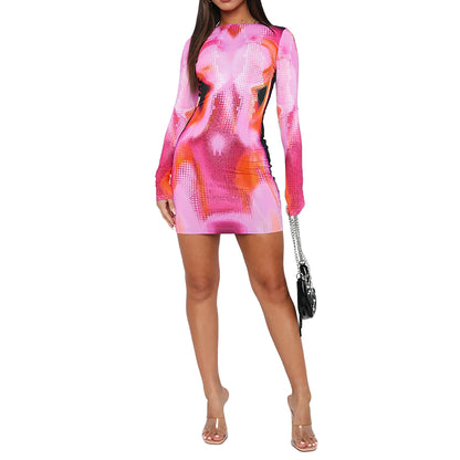 Fashion Printed Slim Fit Round Neck Long Sleeve Dress
