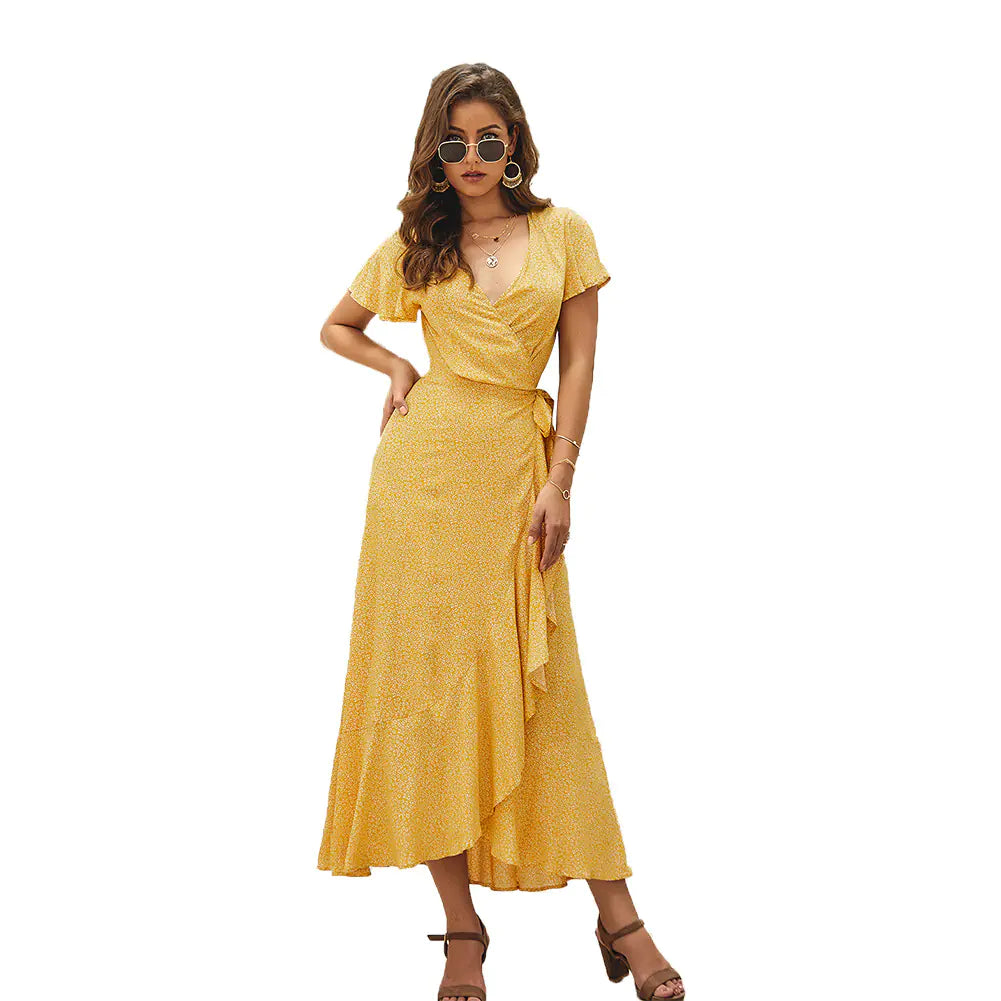 Sommerkleid mit Blumenmuster, V-Ausschnitt und asymmetrischem Saum