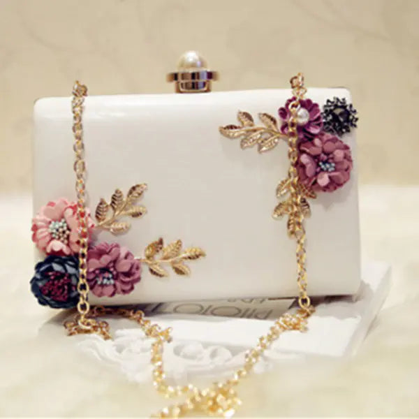 Women's Leather Evening Bag - Floral Clutch Purse