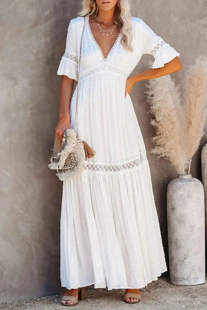 Damen V-Ausschnitt Spitzen-Maxikleid Frühling/Sommer
