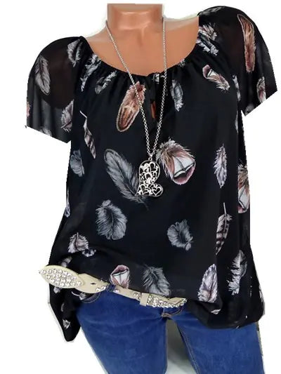 Loose Fit V-Neck Short Sleeve Feather Print Shirt