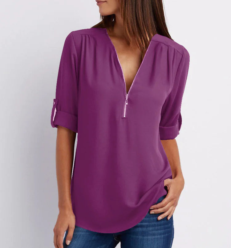 Plus Size V-Neck Long Sleeve Zip Chiffon Shirt