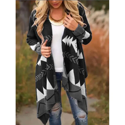 Geometric Print Long Knit Cardigan for Women