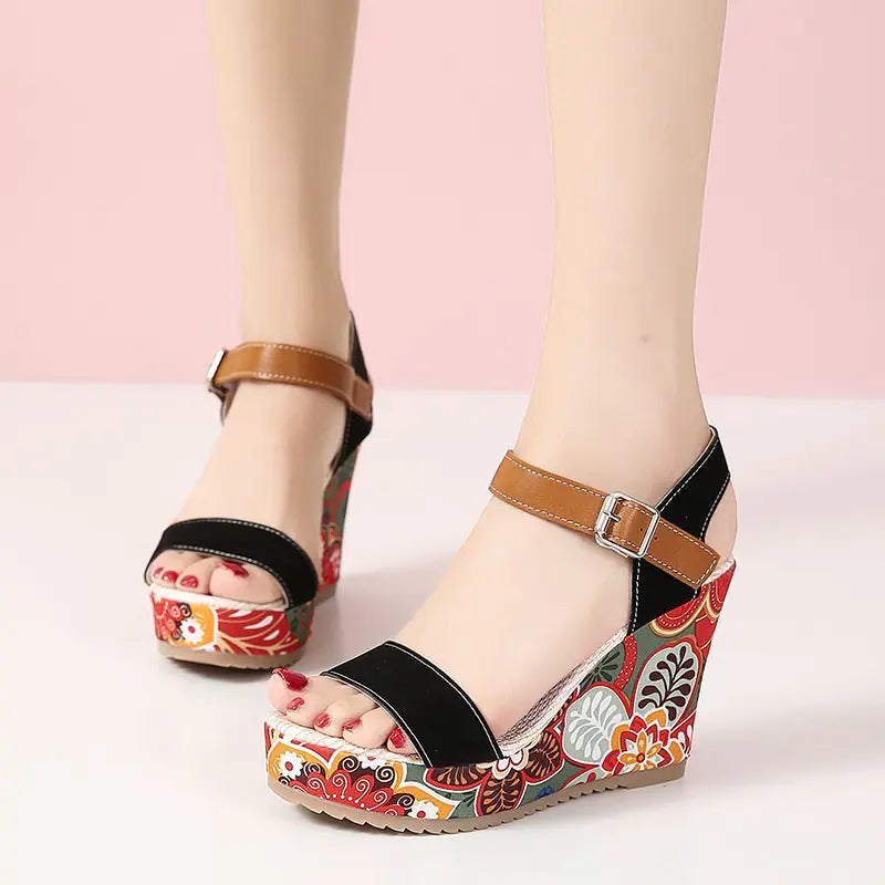 Embroidered High Wedge Platform Sandals for Women
