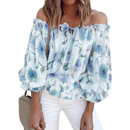 Women's Off-Shoulder Chiffon Print Long Sleeve Top