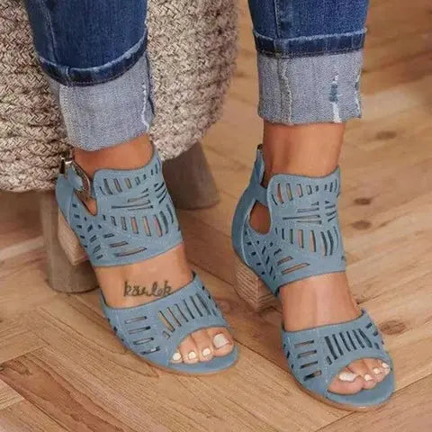 Cutout Floral Chunky Heels Women's Sandals