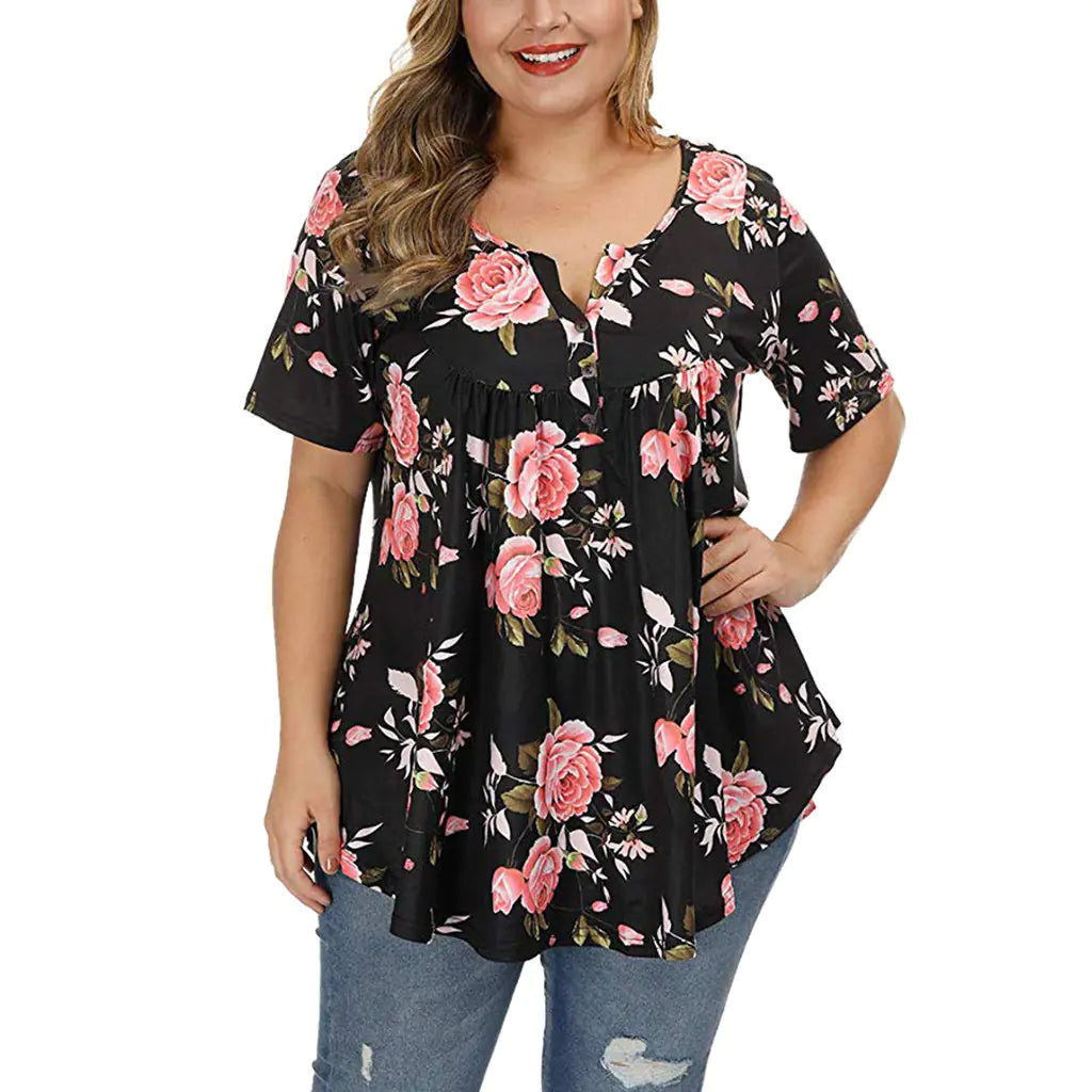Plus Size V-Neck Printed T-Shirt for Women