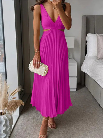 Pleated V-Neck Hollow Waist Long Dress