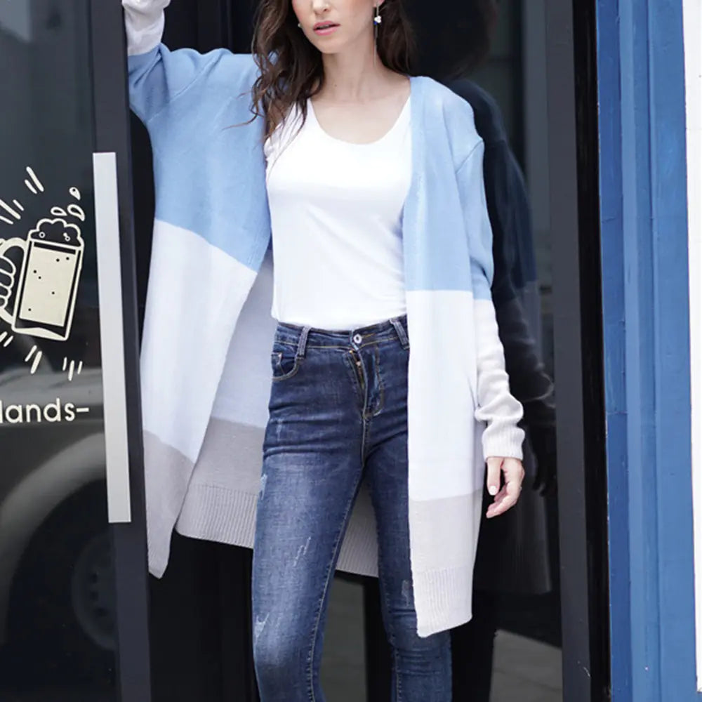 Striped Knit Long Cardigan Sweater for Women