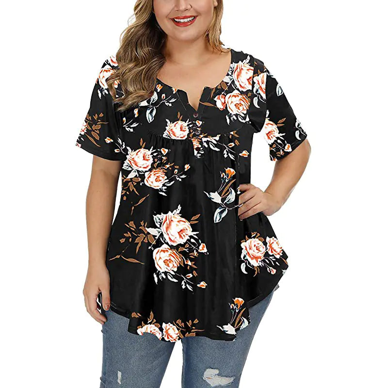 Plus Size V-Neck Printed T-Shirt for Women