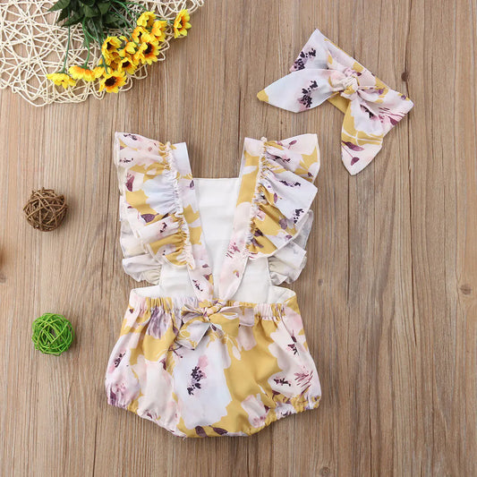 Girls' Floral Outfit with Back Tie and Headband Set