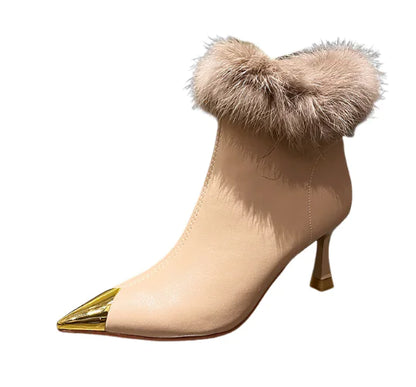 Cowhide Rabbit Fur Stiletto Heel Skinny Boots