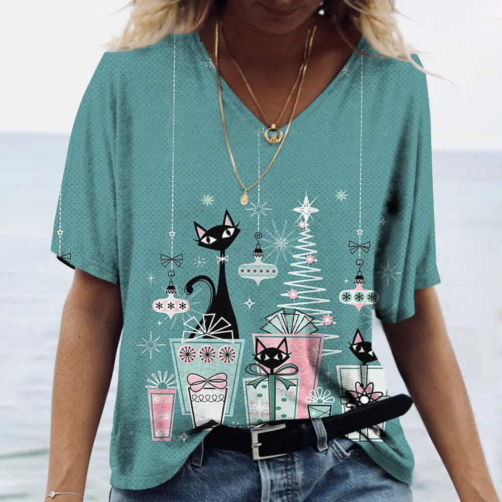 Sommerliches Damen-V-Ausschnitt-T-Shirt mit 3D-Druck