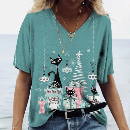 Sommerliches Damen-V-Ausschnitt-T-Shirt mit 3D-Druck
