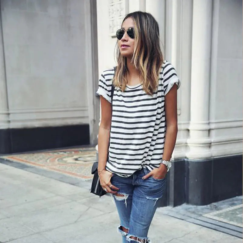 Striped Short Sleeve Loose T-Shirt for Women