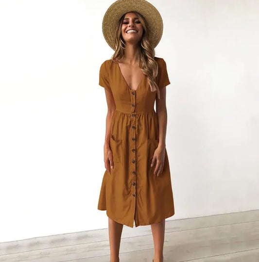 V-Neck Button Dress with Pockets