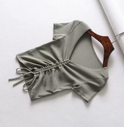 Drawstring V-Neck Slim Fit Women's Short Sleeve T-Shirt