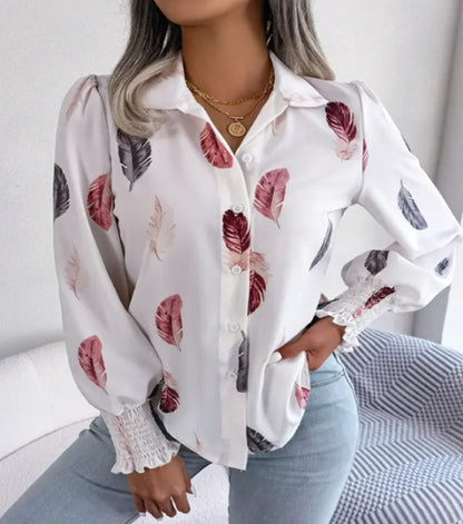Women's Autumn Winter Feather Print Blouse Shirt