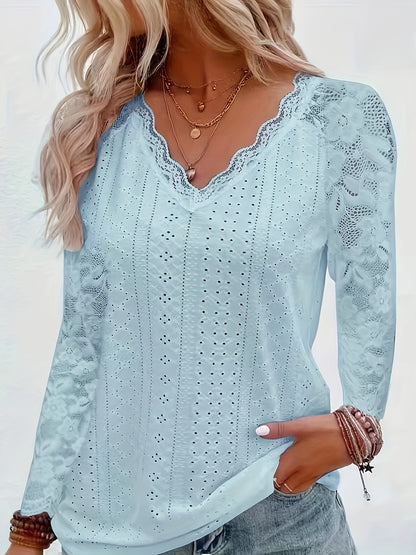 Chic Contrast Lace V-neck Eyelet T-Shirt