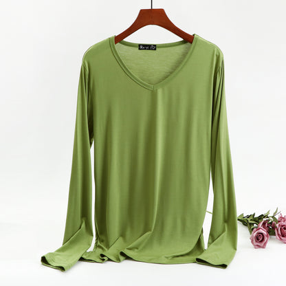 Ladies Plus Size V-neck Candy Color Long-sleeved Top