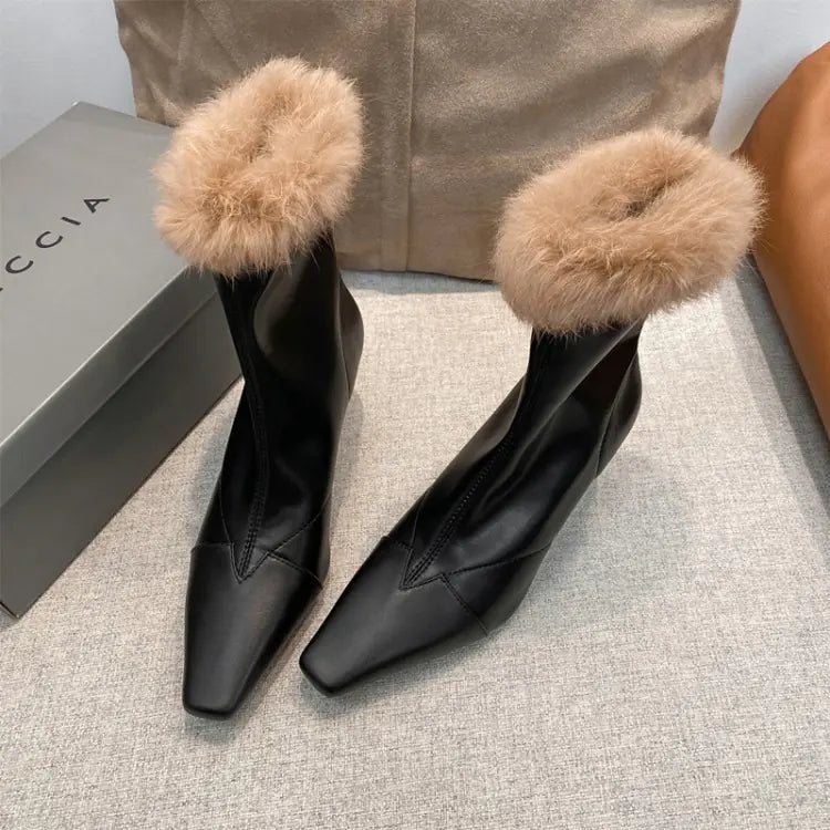 Cowhide Rabbit Fur Stiletto Heel Skinny Boots