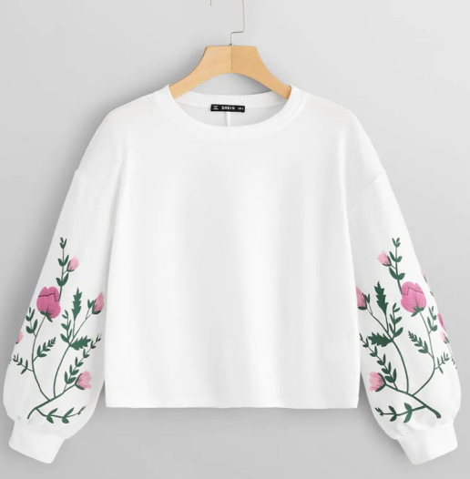 Plus Size T-Shirt with Embroidered Floral Sleeves