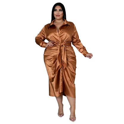 Elegant Plus Size Satin Ruched Long Sleeve Midi Dress