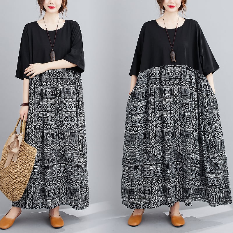 Color block Cotton Linen Short Sleeve Dress Plus Size