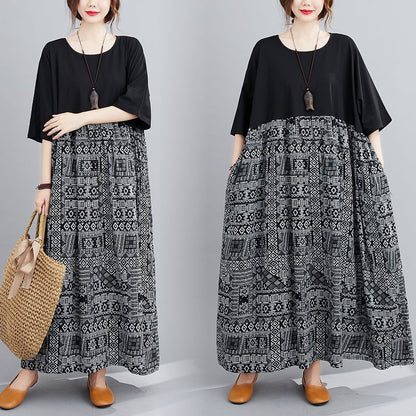 Color block Cotton Linen Short Sleeve Dress Plus Size