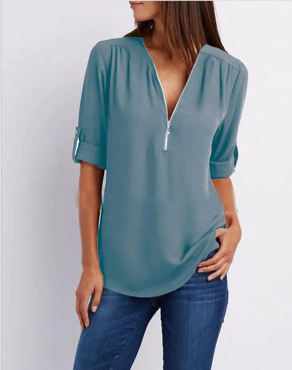 Plus Size V-Neck Long Sleeve Zip Chiffon Shirt