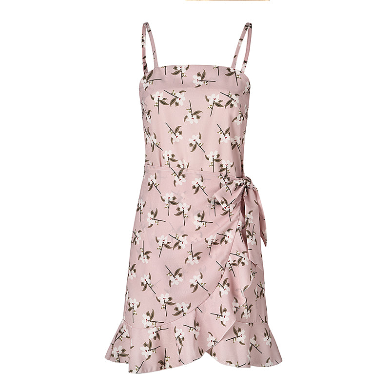 Leaf Print Cami Chiffon Dress - Irregular Short Skirt
