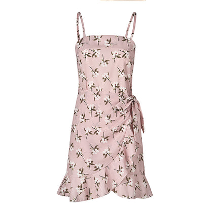 Leaf Print Cami Chiffon Dress - Irregular Short Skirt