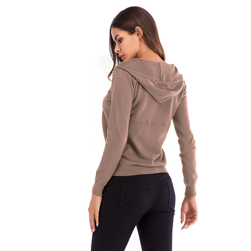 Solid Color Hooded Zip Knit Cardigan