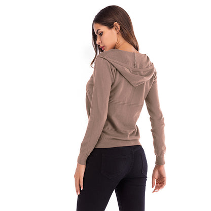 Solid Color Hooded Zip Knit Cardigan