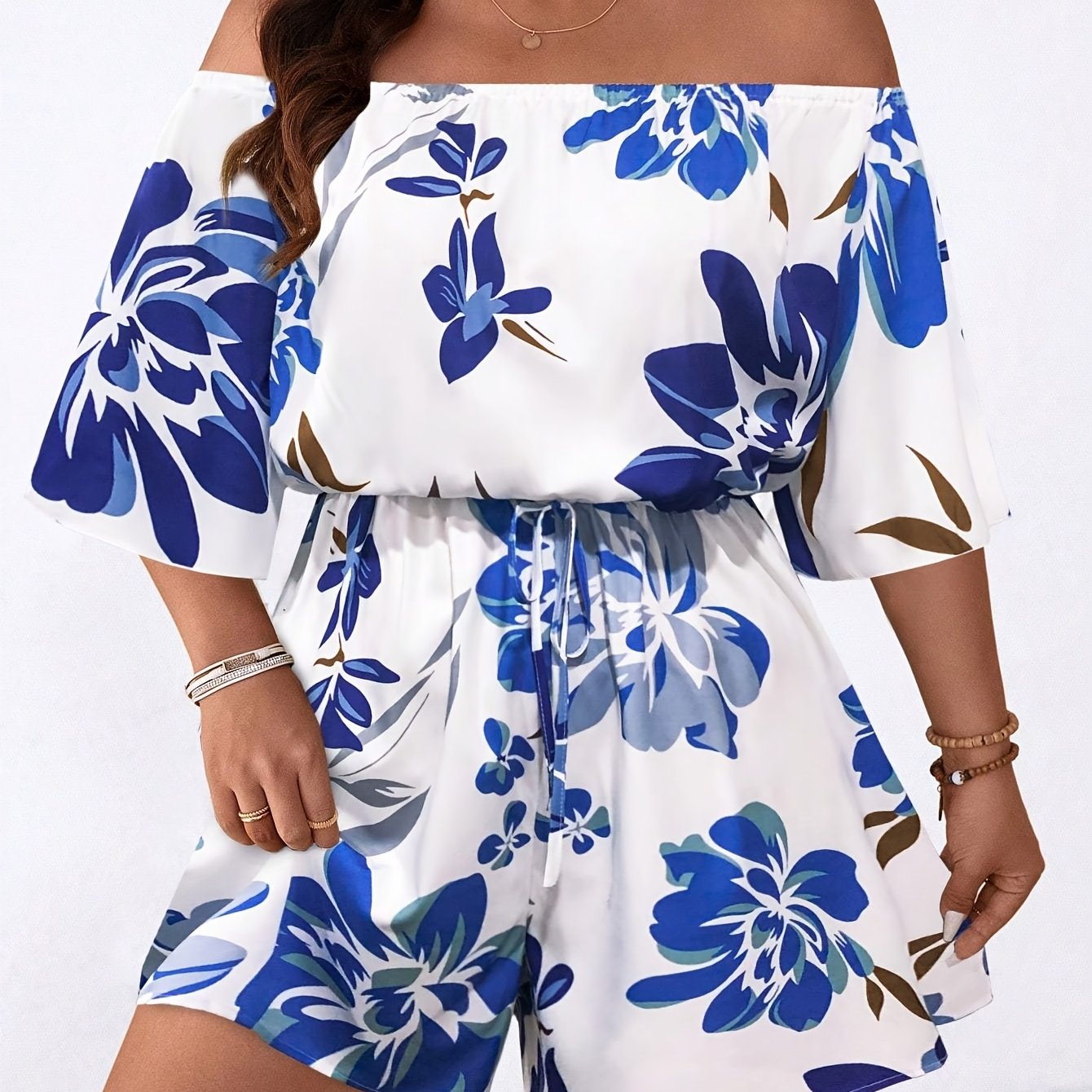 Plus Size Women's Off-Shoulder Floral Print Jumpsuit