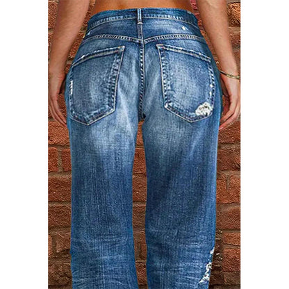Women's Casual Mid-Waist Distressed Denim Pants