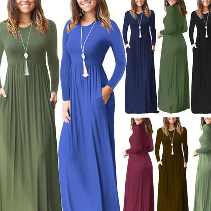 Women's Casual Long Sleeve Elastic Waist Dress