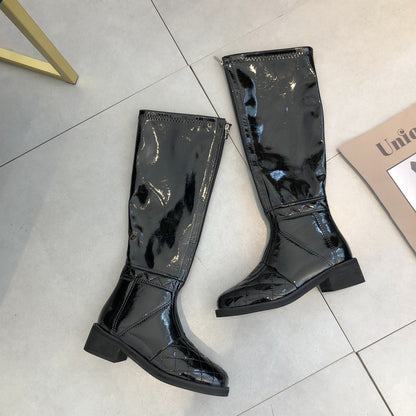 Fashionable Shiny Knight Boots with Chunky Heels