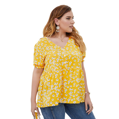 Plus Size Floral Short Sleeve Cotton T-Shirt