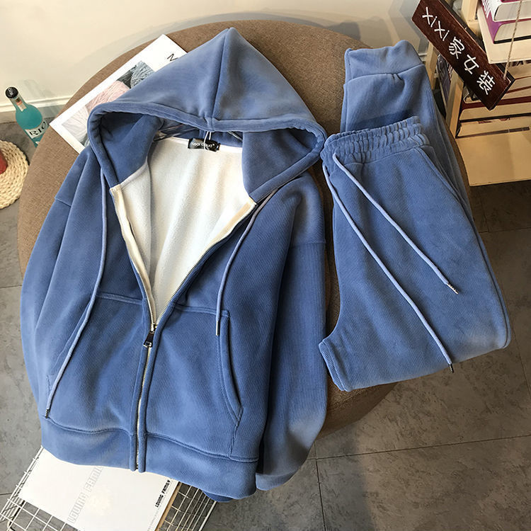 Korean Loose Plush Zipper Sweater Two-Piece Suit