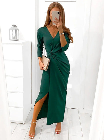 V-neck Long Sleeve Split Dress