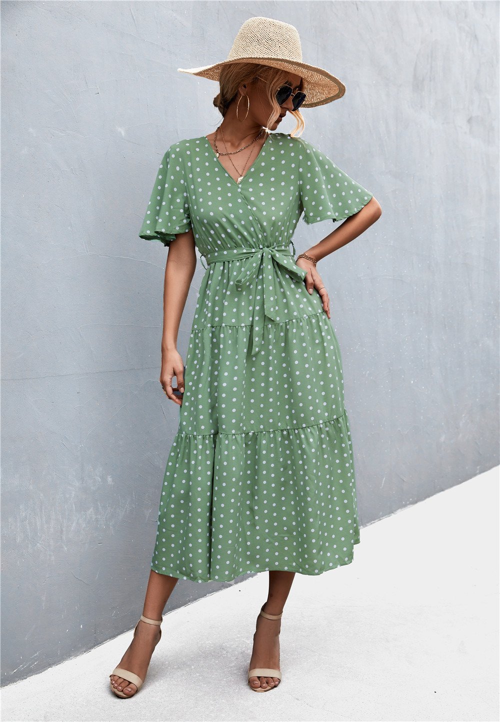 Women's V-Neck Polka Dot Floral Tie Dress