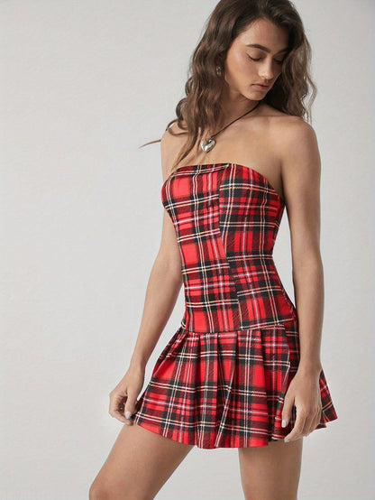 Sacco Plaid Off Shoulder Pleated Dress