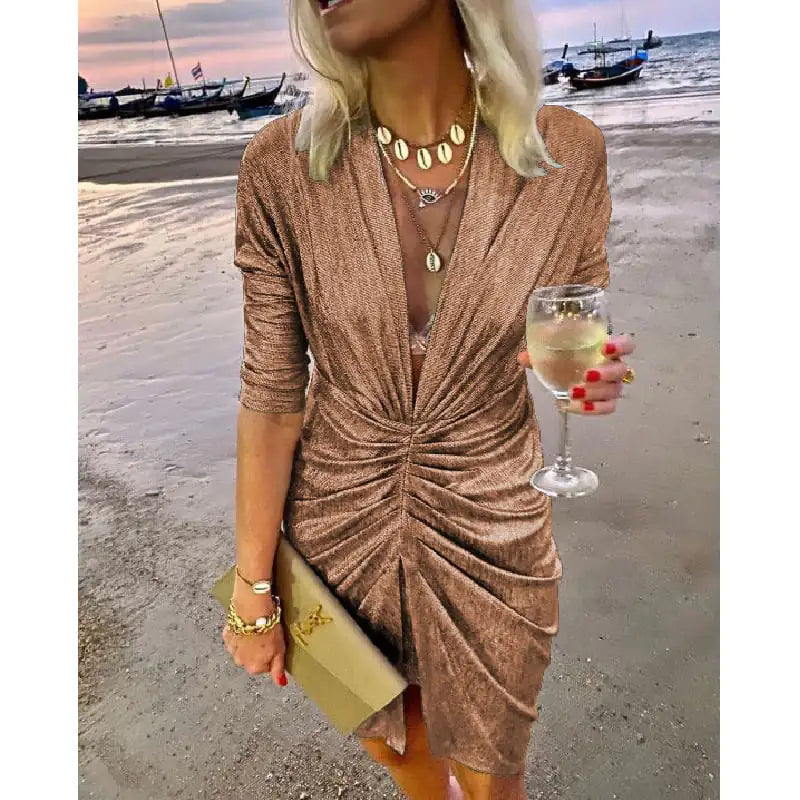 V-neck Pleated Long Sleeve Dress for Spring/Summer