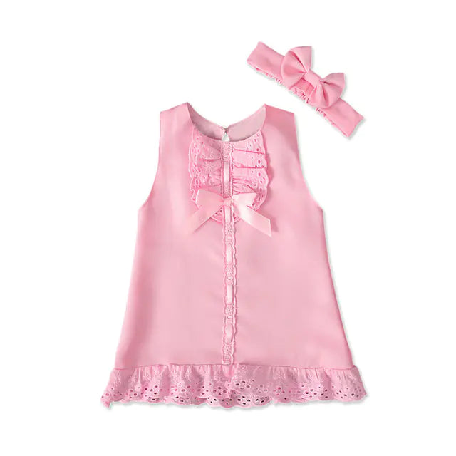 2pcs Set Baby Girl's Summer Dress with Bow Headband