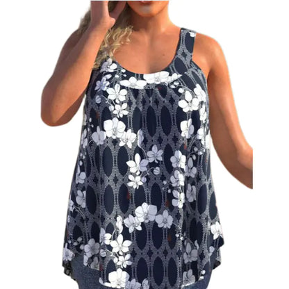Casual Loose Floral Print Round Neck Sleeveless T-shirt - Trendy Attic Store01