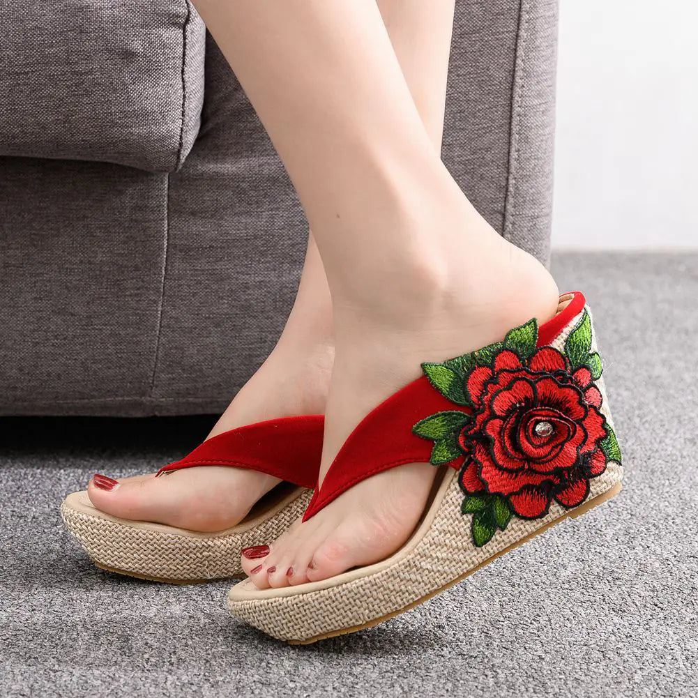 Embroidered Floral Platform Roman Wedge Sandals