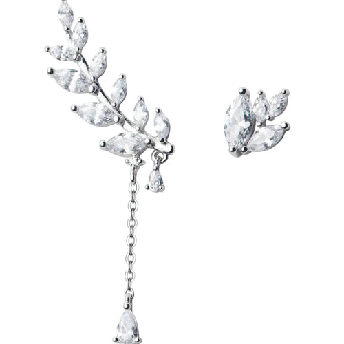 925 Silver Asymmetrical Earrings with Diamond Leaves