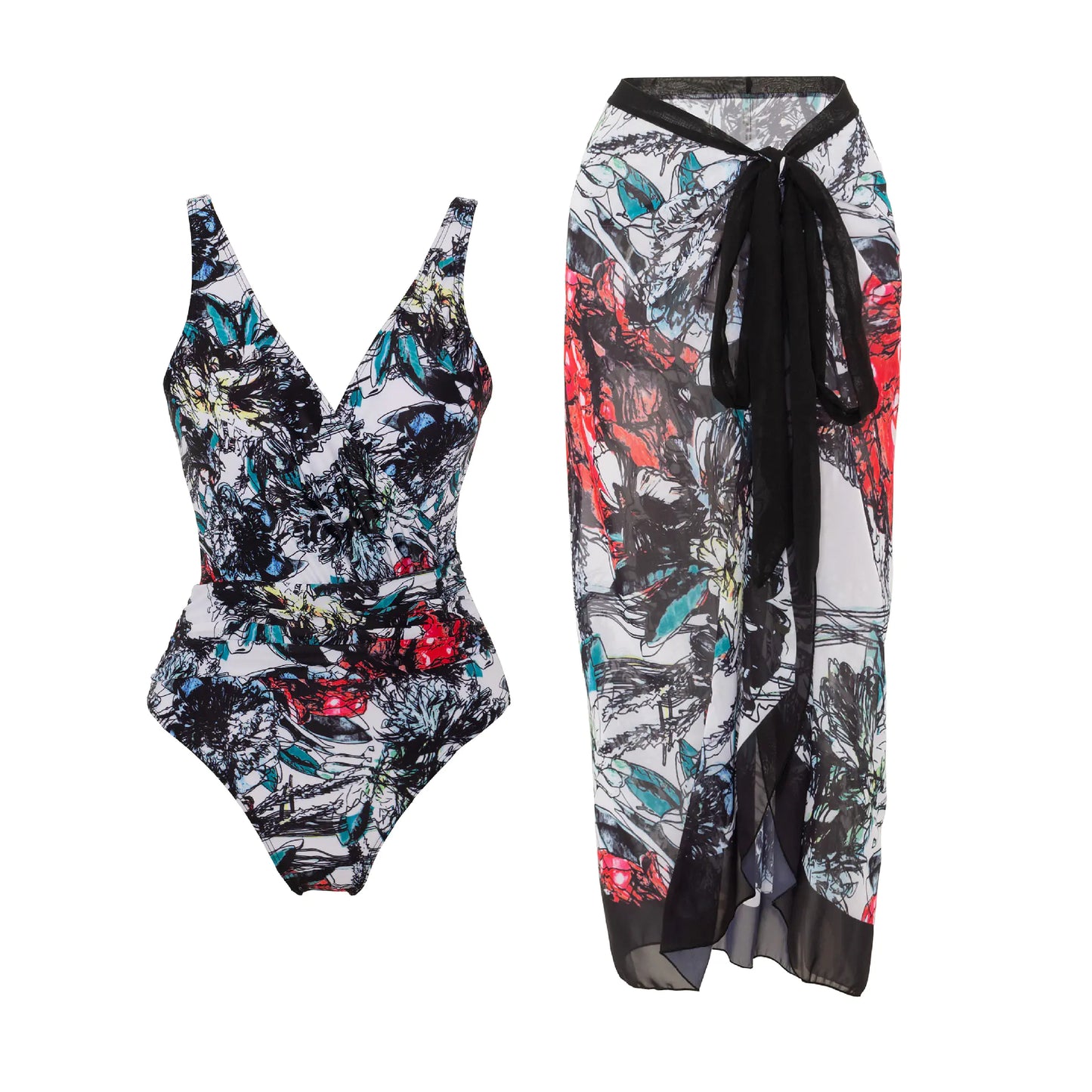Plus Size Backless Swimsuit with Chiffon Beach Skirt
