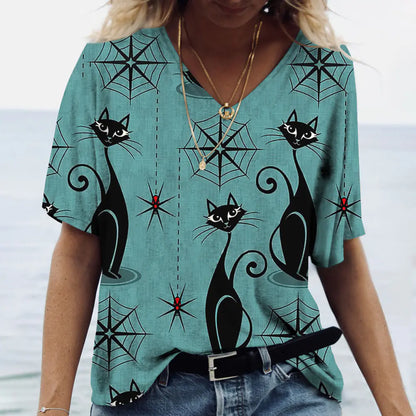 Sommerliches Damen-V-Ausschnitt-T-Shirt mit 3D-Druck